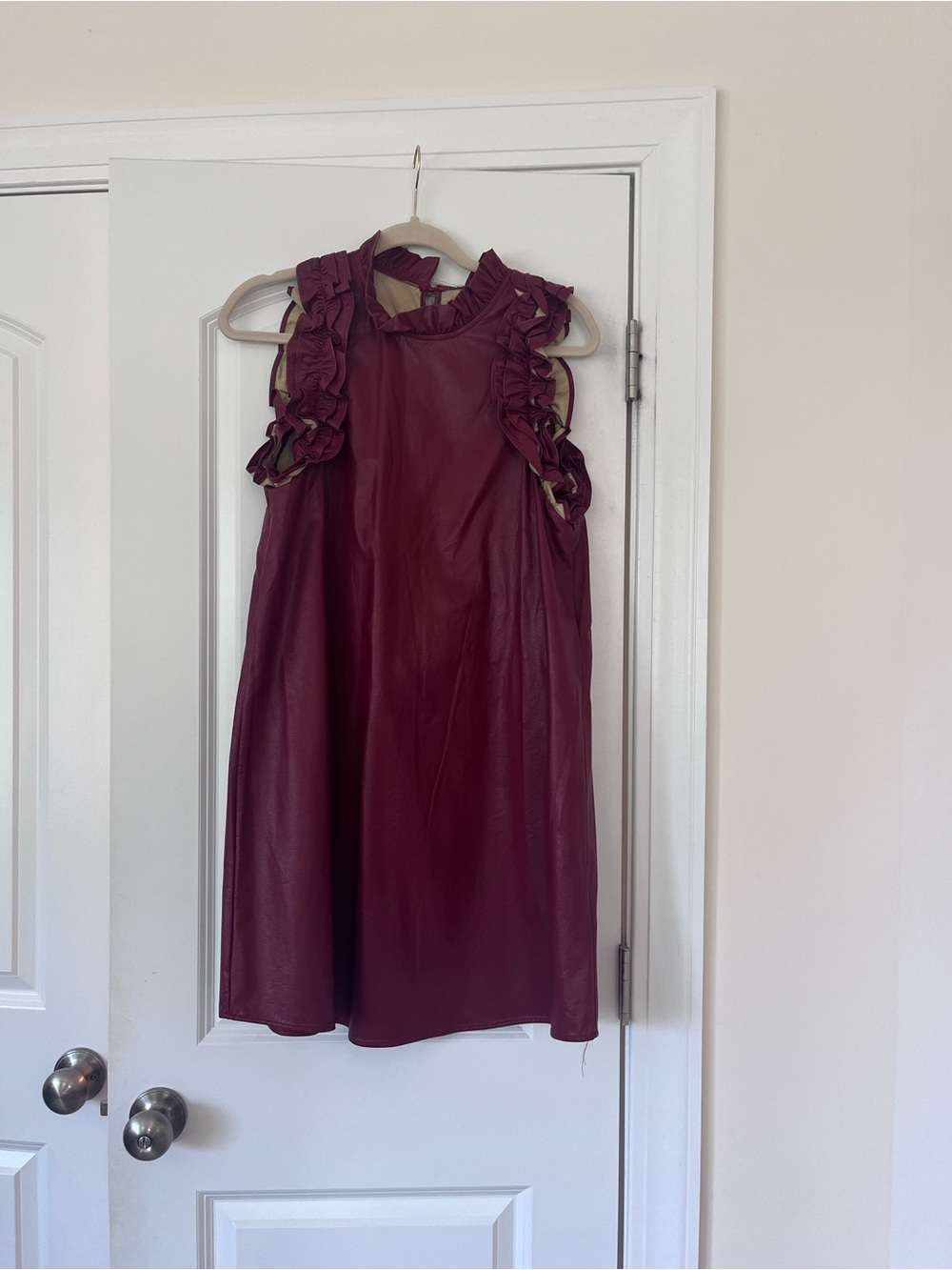Ruffle-Sleeve Faux Leather Dress in Garnet